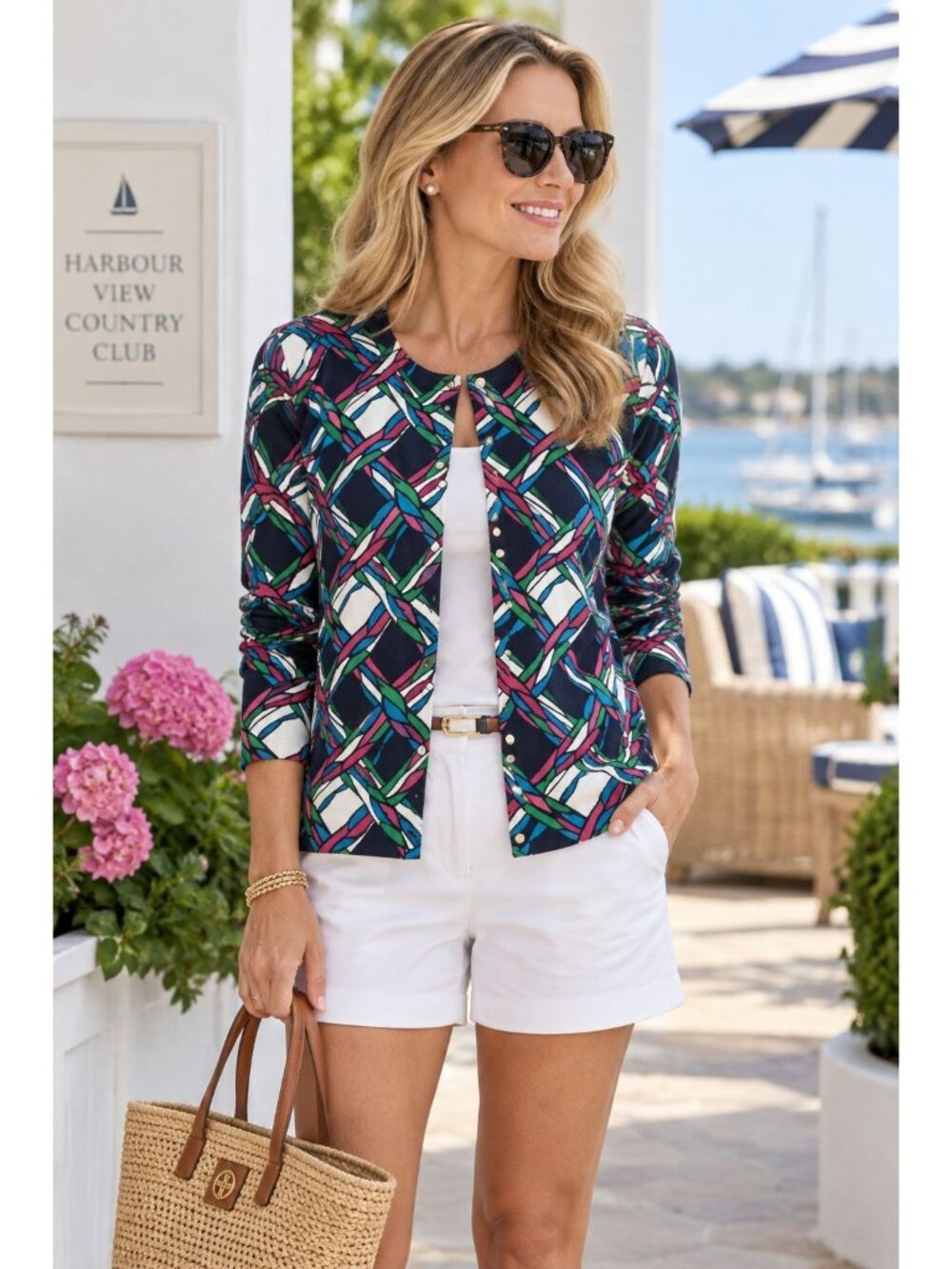 Lilly Pulitzer Cardigan L Navy Pink Green Print Cotton Sweater Preppy 2010
